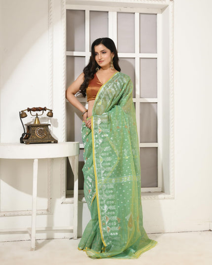 dB DESH BIDESH Women's Soft Cotton Silk Jamdani Sarees For Women for Party Festival Wedding Silk Saree GlamQueen Gold Work Design Without Blouse piece (Mint Green)