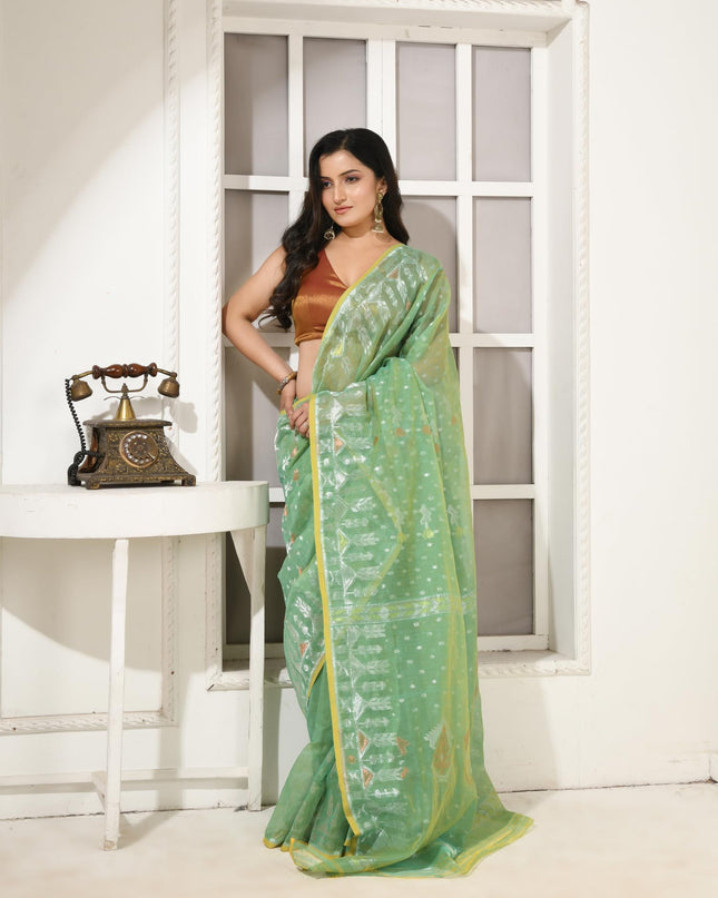 dB DESH BIDESH Women's Soft Cotton Silk Jamdani Sarees For Women for Party Festival Wedding Silk Saree GlamQueen Gold Work Design Without Blouse piece (Mint Green)