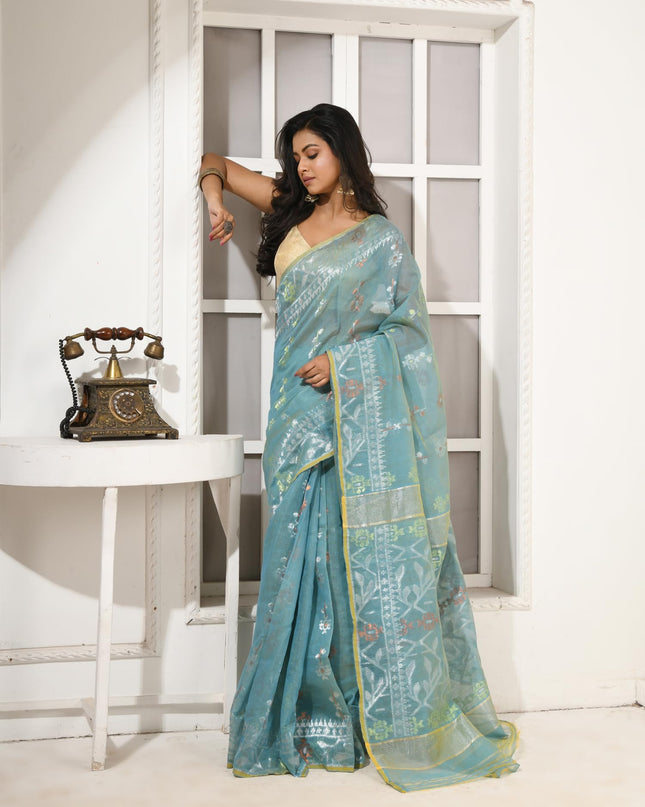 dB DESH BIDESH Women's Soft Cotton Silk Jamdani Sarees For Women for Party, Wear Linen Silk Saree Zarikatha Design Cotton saree for woman Without Blouse piece (Firoza)