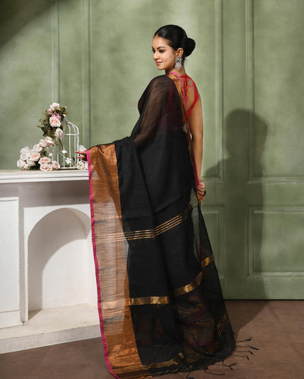 dB DESH BIDESH Women`s Cotton Silk ajrakh Saree with Gold Zari Border RoopZari Trendy Cotton Soft Silk Saree | Saree for Woman (Black Saree)