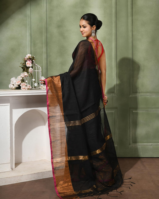 dB DESH BIDESH Women`s Cotton Silk ajrakh Saree with Gold Zari Border RoopZari Trendy Cotton Soft Silk Saree | Saree for Woman (Black Saree)