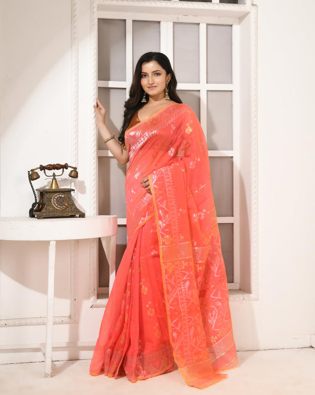dB DESH BIDESH Women's Soft Cotton Silk Jamdani Sarees For Women for Party, Wear Linen Silk Saree Zarikatha Design Cotton saree for woman Without Blouse piece (Dark Orange)