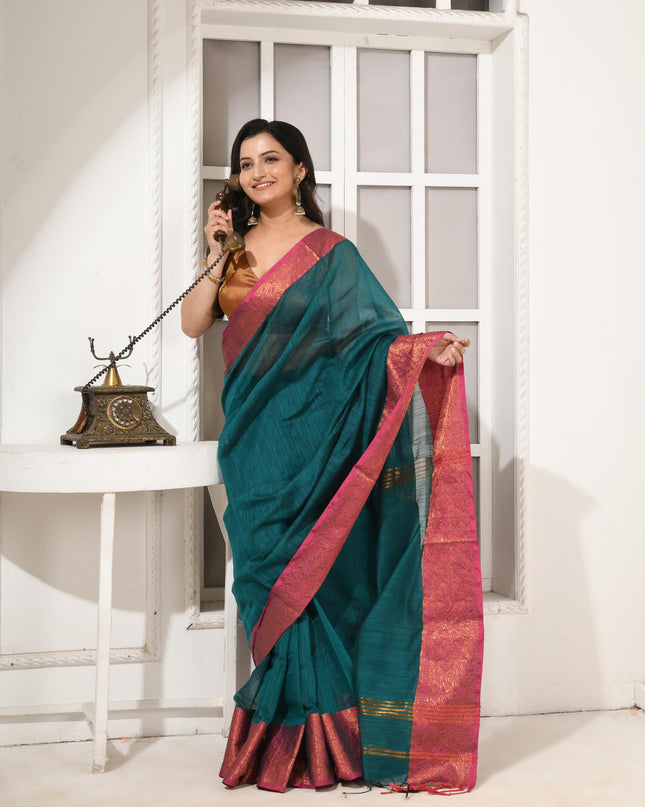 dB DESH BIDESH Women's Soft Cotton Linen Saree For Woman Kolkamoyee Trendy festival Silk Saree For Wedding Banarasi Style Pallu Sari With Blouse Piece (Bottle Green)