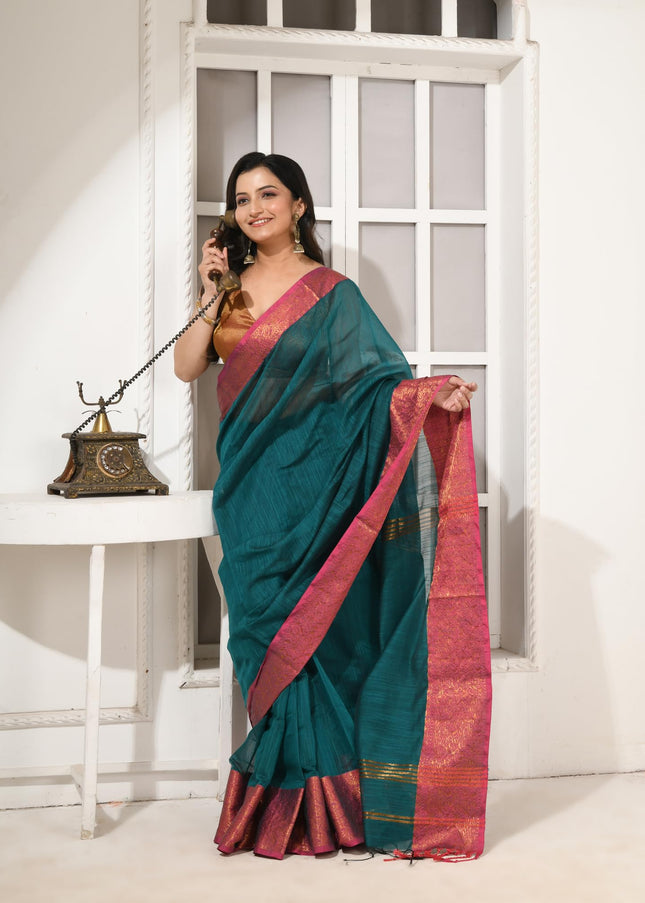 dB DESH BIDESH Women's Soft Cotton Linen Saree For Woman Kolkamoyee Trendy festival Silk Saree For Wedding Banarasi Style Pallu Sari With Blouse Piece (Bottle Green)