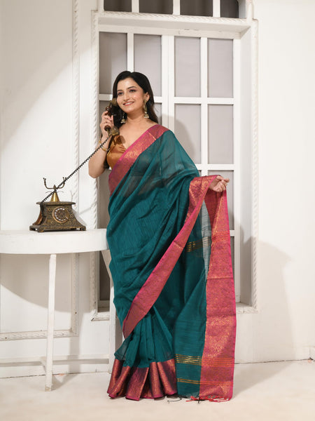 dB DESH BIDESH Women's Soft Cotton Linen Saree For Woman Kolkamoyee Trendy festival Silk Saree For Wedding Banarasi Style Pallu Sari With Blouse Piece (Bottle Green)