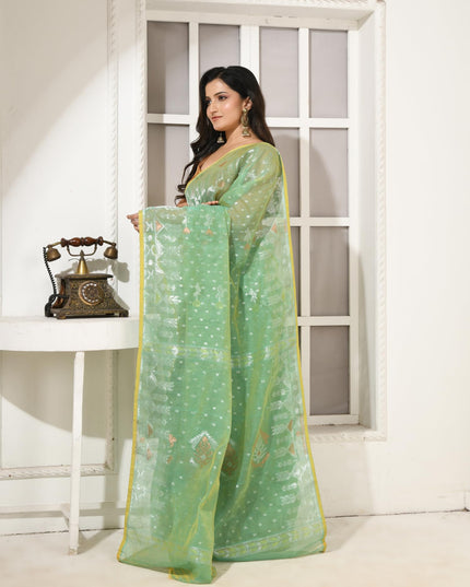 dB DESH BIDESH Women's Soft Cotton Silk Jamdani Sarees For Women for Party Festival Wedding Silk Saree GlamQueen Gold Work Design Without Blouse piece (Mint Green)