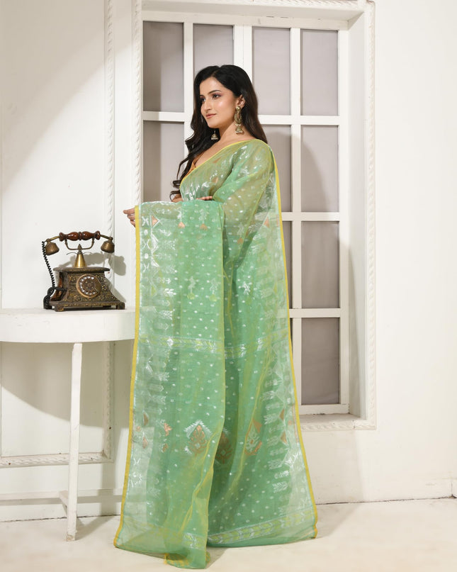 dB DESH BIDESH Women's Soft Cotton Silk Jamdani Sarees For Women for Party Festival Wedding Silk Saree GlamQueen Gold Work Design Without Blouse piece (Mint Green)