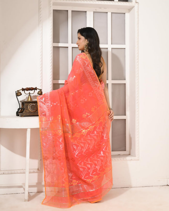 dB DESH BIDESH Women's Soft Cotton Silk Jamdani Sarees For Women for Party, Wear Linen Silk Saree Zarikatha Design Cotton saree for woman Without Blouse piece (Dark Orange)