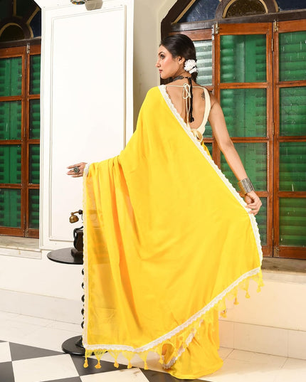 dB DESH BIDESH Women's Soft Cotton Saree For Woman Linen Cotton Komolika Fancy Lace Border Saree with Blouse | Saree For Womens