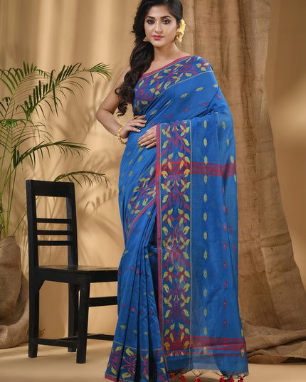 Exquisite Blue-Green Woven Design Silk Cotton Taant Saree for Women