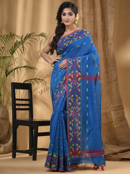 Exquisite Blue-Green Woven Design Silk Cotton Taant Saree for Women