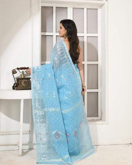 dB DESH BIDESH Women's Soft Cotton Silk Jamdani Sarees For Women for Party Festival Wedding Silk Saree GlamQueen Gold Work Design Without Blouse piece (Blue)