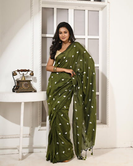 dB DESH BIDESH Women`s Cotton Sarees For Women Office Wear HeartBeat Embroidery Saree Design Soft Cotton Silk Saree With Blouse Piece (Green)