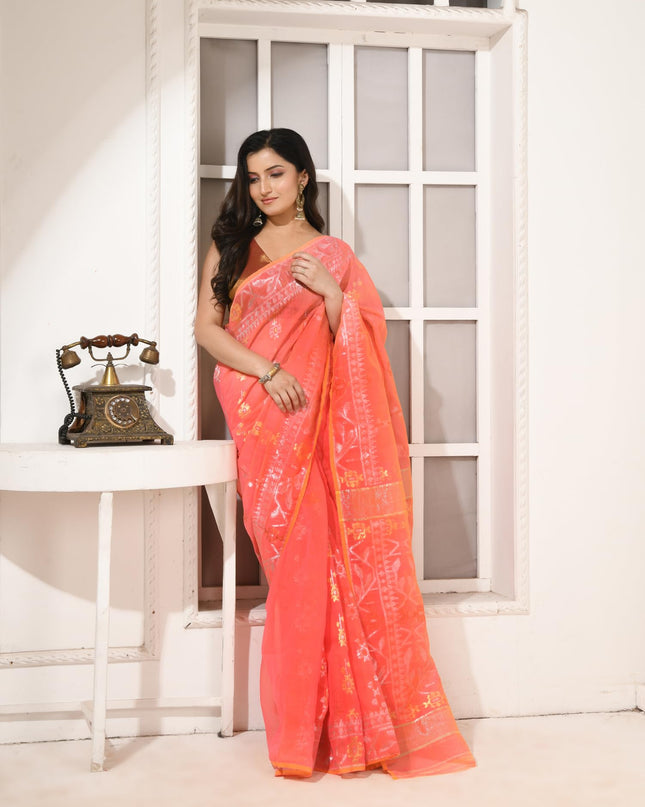 dB DESH BIDESH Women's Soft Cotton Silk Jamdani Sarees For Women for Party, Wear Linen Silk Saree Zarikatha Design Cotton saree for woman Without Blouse piece (Dark Orange)