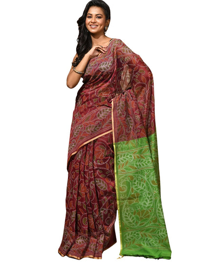 dB DESH BIDESH Women`s Cotton Saree For Woman Nakshakata Flower Kolka Leaf Embroidery Printed Trendy Soft Cotton Silk Women Sarees with Blouse Piece (Reddis Brown Green)