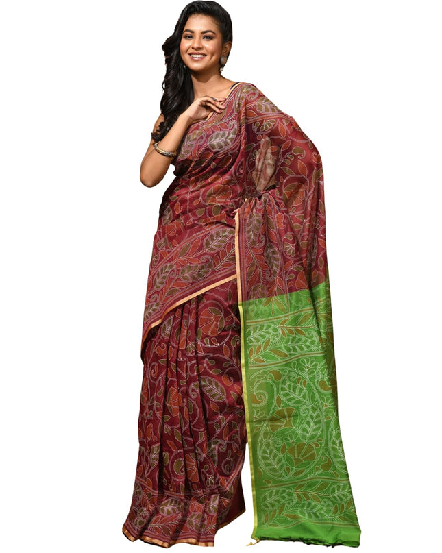 dB DESH BIDESH Women`s Cotton Saree For Woman Nakshakata Flower Kolka Leaf Embroidery Printed Trendy Soft Cotton Silk Women Sarees with Blouse Piece (Reddis Brown Green)