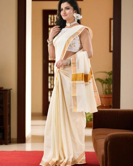Tant Handloom Cotton White & Golden Saree