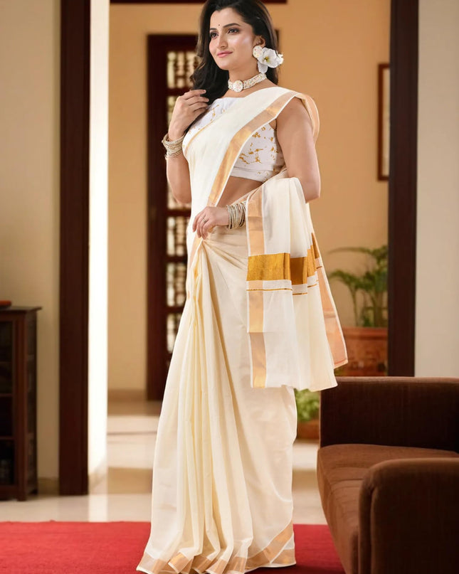 Tant Handloom Cotton White & Golden Saree