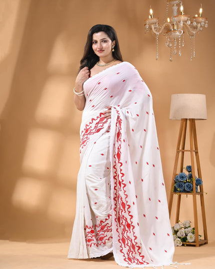 dB DESH BIDESH Women`s Cotton Saree For Woman Pallavika Embroidery Saree Design Soft Cotton Silk Fancy Lace Border Saree with Blouse