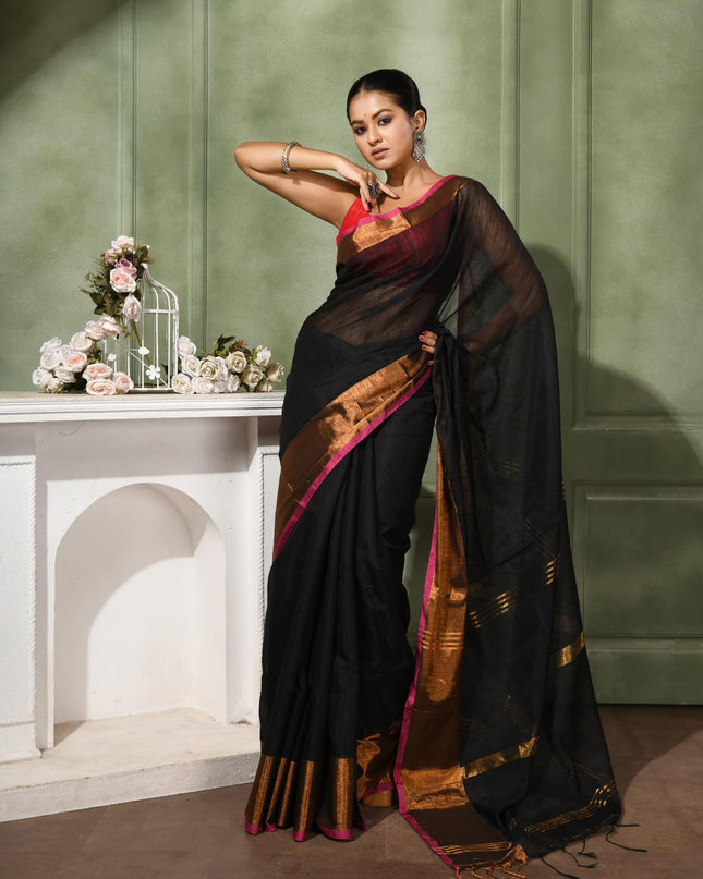 dB DESH BIDESH Women`s Cotton Silk ajrakh Saree with Gold Zari Border RoopZari Trendy Cotton Soft Silk Saree | Saree for Woman (Black Saree)
