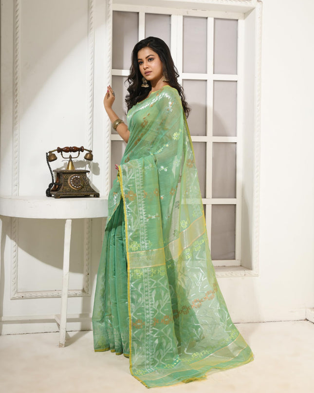 dB DESH BIDESH Women's Soft Cotton Silk Jamdani Sarees For Women for Party, Wear Linen Silk Saree Zarikatha Design Cotton saree for woman Without Blouse piece (Green)