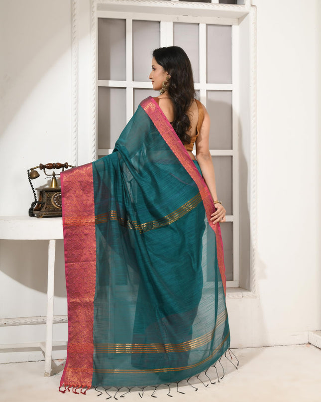 dB DESH BIDESH Women's Soft Cotton Linen Saree For Woman Kolkamoyee Trendy festival Silk Saree For Wedding Banarasi Style Pallu Sari With Blouse Piece (Bottle Green)
