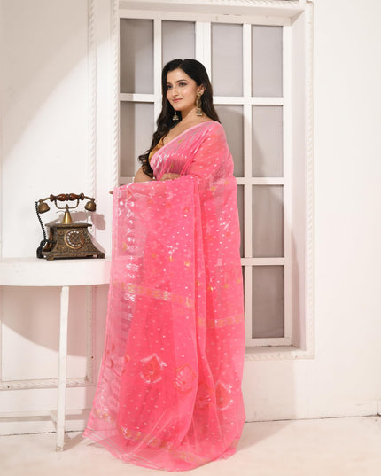 dB DESH BIDESH Women's Soft Cotton Silk Jamdani Sarees For Women for Party Festival Wedding Silk Saree GlamQueen Gold Work Design Without Blouse piece (Candy Pink)