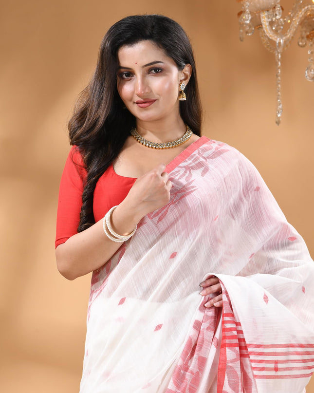 dB DESH BIDESH Women`s Cotton Linen Saree with Unstitched Blouse Piece and Floral Printed Pattern | Women Saree for Special Occasion | Stylish Fancy Cotton Silk Sarees (White Saree)