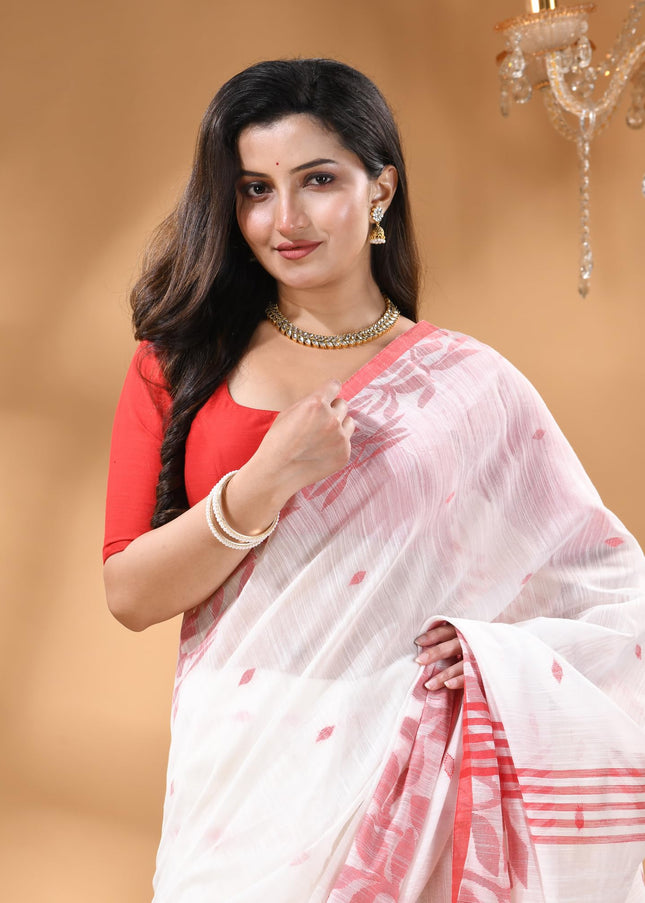 dB DESH BIDESH Women`s Cotton Linen Saree with Unstitched Blouse Piece and Floral Printed Pattern | Women Saree for Special Occasion | Stylish Fancy Cotton Silk Sarees (White Saree)