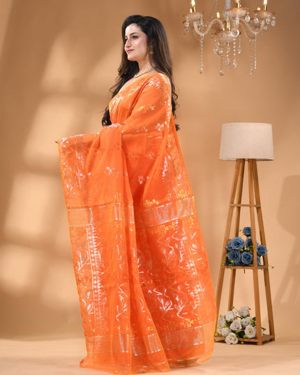 dB DESH BIDESH Women's Soft Cotton Silk Jamdani Sarees For Women for Party, Wear Linen Silk Saree Zarikatha Design Cotton saree for woman Without Blouse piece (Lemon Orange)