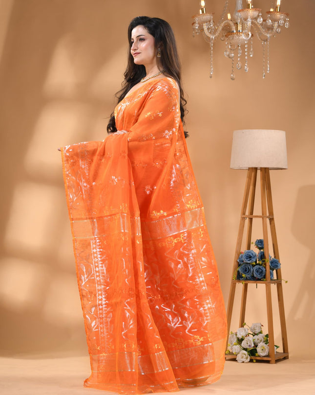 dB DESH BIDESH Women's Soft Cotton Silk Jamdani Sarees For Women for Party, Wear Linen Silk Saree Zarikatha Design Cotton saree for woman Without Blouse piece (Lemon Orange)