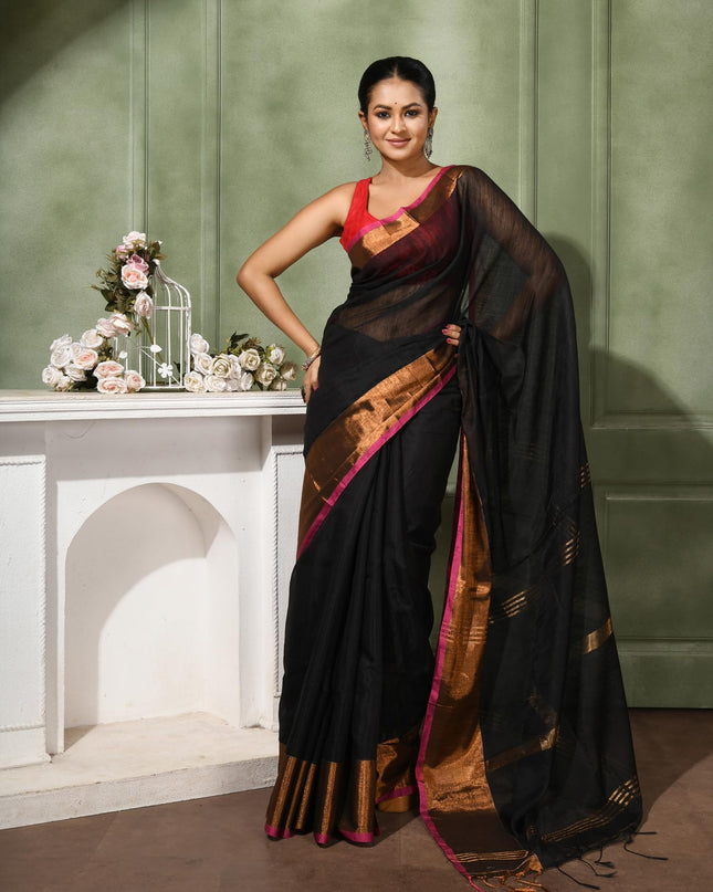 dB DESH BIDESH Women`s Cotton Silk ajrakh Saree with Gold Zari Border RoopZari Trendy Cotton Soft Silk Saree | Saree for Woman (Black Saree)