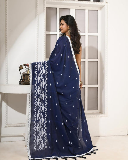 dB DESH BIDESH Women`s Cotton Saree For Woman Pallavika Embroidery Saree Design Soft Cotton Silk Fancy Lace Border Saree with Blouse