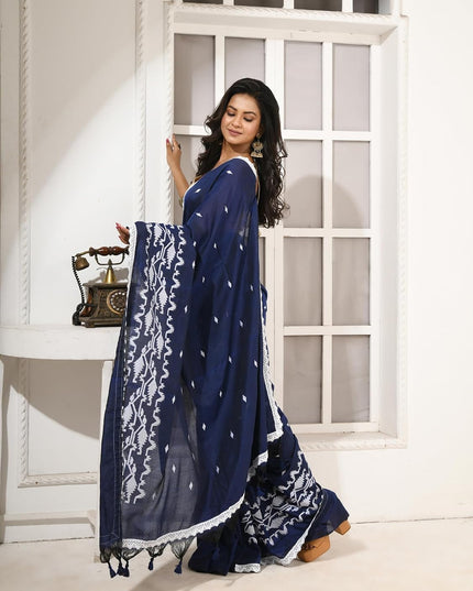 dB DESH BIDESH Women`s Cotton Saree For Woman Pallavika Embroidery Saree Design Soft Cotton Silk Fancy Lace Border Saree with Blouse