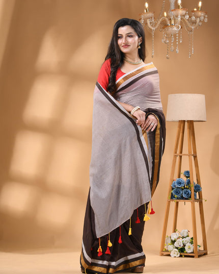 dB DESH BIDESH Women`s Mul Cotton Sarees Soft Zari Fancy Roshni Latest, Design Party, Wear Cotton Silk Saree For Woman With Blouse Piece (Grey Brown Golden)
