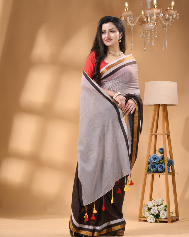 dB DESH BIDESH Women`s Mul Cotton Sarees Soft Zari Fancy Roshni Latest, Design Party, Wear Cotton Silk Saree For Woman With Blouse Piece (Grey Brown Golden)