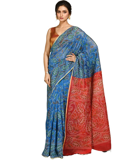 dB DESH BIDESH Women`s Cotton Saree For Woman Nakshakata Flower Kolka Leaf Embroidery Printed Trendy Soft Cotton Silk Women Sarees with Blouse Piece (Blue Red)