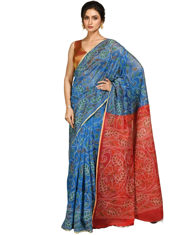 dB DESH BIDESH Women`s Cotton Saree For Woman Nakshakata Flower Kolka Leaf Embroidery Printed Trendy Soft Cotton Silk Women Sarees with Blouse Piece (Blue Red)