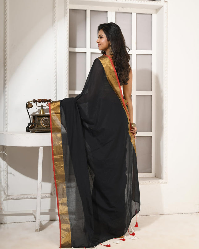 dB DESH BIDESH Women`s Soft Cotton Linen Silk Saree Pure Handloom Mul Cotton Saree For Women Black Affair Latest, Design Gold Zari Border Sarees With Blouse Piece