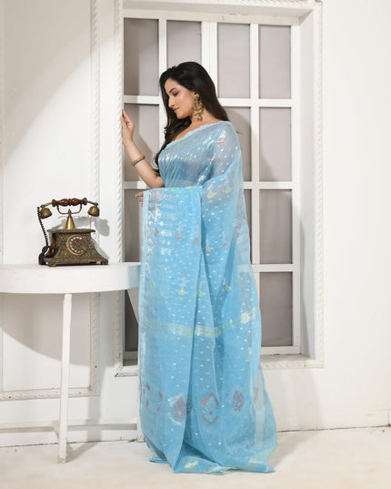 dB DESH BIDESH Women's Soft Cotton Silk Jamdani Sarees For Women for Party Festival Wedding Silk Saree GlamQueen Gold Work Design Without Blouse piece (Blue)
