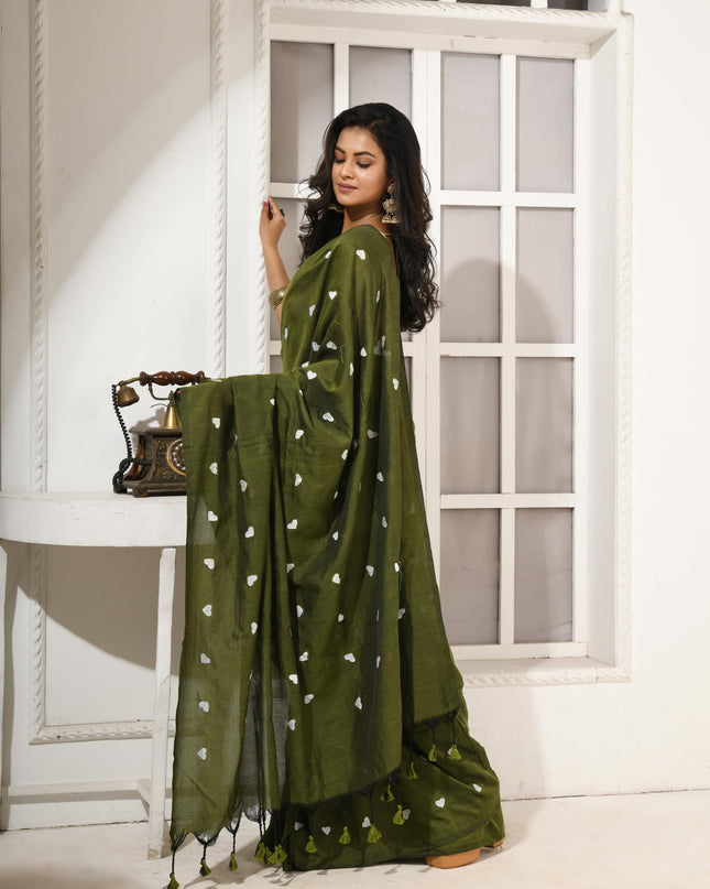 dB DESH BIDESH Women`s Cotton Sarees For Women Office Wear HeartBeat Embroidery Saree Design Soft Cotton Silk Saree With Blouse Piece (Green)