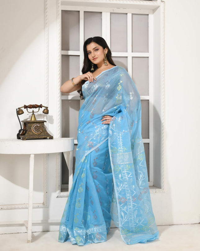dB DESH BIDESH Women's Soft Cotton Silk Jamdani Sarees For Women for Party, Wear Linen Silk Saree Zarikatha Design Cotton saree for woman Without Blouse piece (Blue)