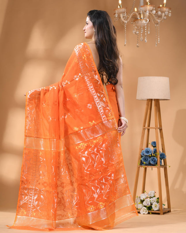 dB DESH BIDESH Women's Soft Cotton Silk Jamdani Sarees For Women for Party, Wear Linen Silk Saree Zarikatha Design Cotton saree for woman Without Blouse piece (Lemon Orange)