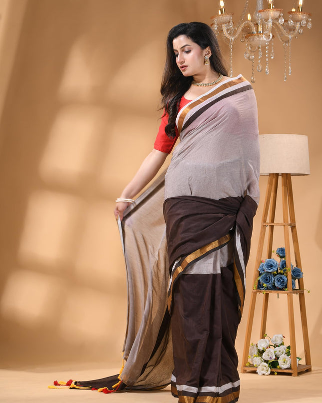 dB DESH BIDESH Women`s Mul Cotton Sarees Soft Zari Fancy Roshni Latest, Design Party, Wear Cotton Silk Saree For Woman With Blouse Piece (Grey Brown Golden)