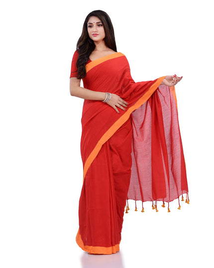 DESH BIDESH  Handloom Pure Cotton Saree Abhiprithi Design Without Blouse Piece 5.8 Mtr Red