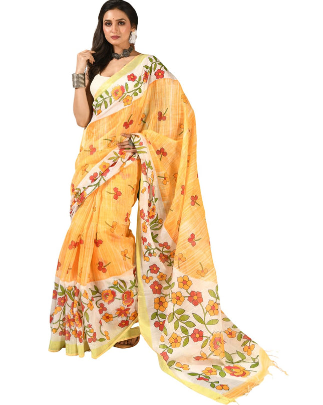 dB DESH BIDESH Women`s Cotton Saree For Woman Latest, Phoolbagan Printed Trendy Soft Cotton Silk Women Sarees with Blouse Piece (Yellow White)