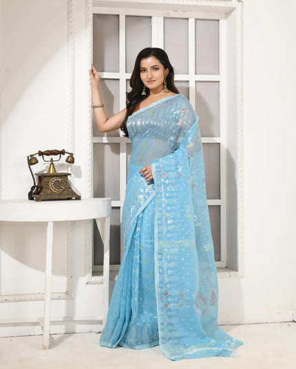 dB DESH BIDESH Women's Soft Cotton Silk Jamdani Sarees For Women for Party Festival Wedding Silk Saree GlamQueen Gold Work Design Without Blouse piece (Blue)