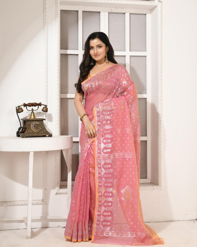 dB DESH BIDESH Women's Soft Cotton Silk Jamdani Sarees For Women for Party Festival Wedding Silk Saree GlamQueen Gold Work Design Without Blouse piece (Coral Pink)