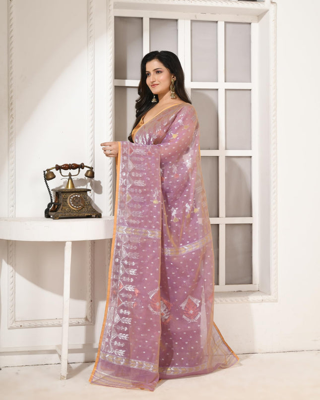 dB DESH BIDESH Women's Soft Cotton Silk Jamdani Sarees For Women for Party Festival Wedding Silk Saree GlamQueen Gold Work Design Without Blouse piece (Blush Pink)