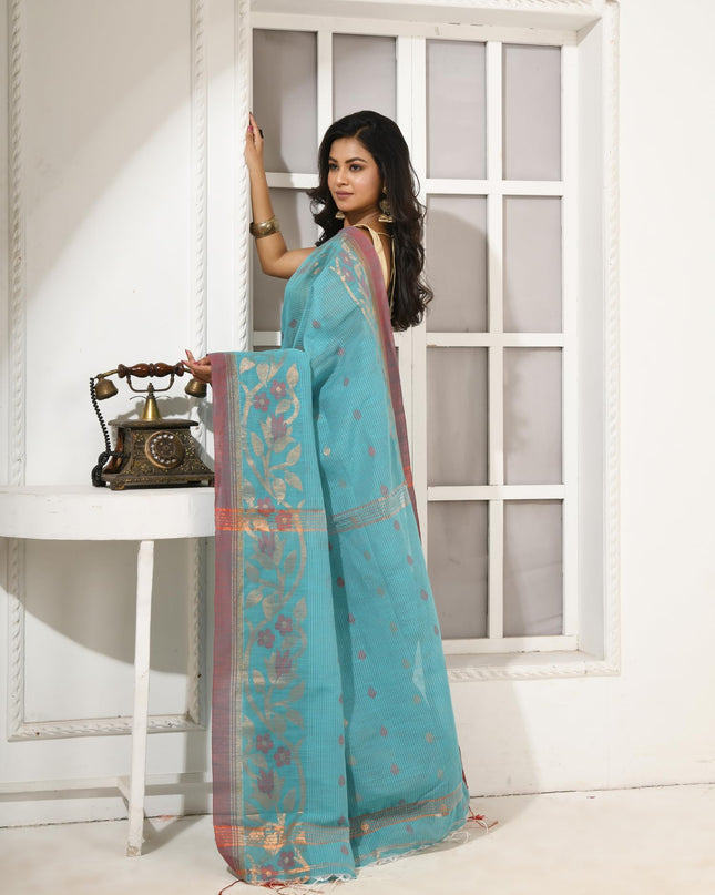 dB DESH BIDESH Women`s Cotton Silk Saree with Gold Zari Floral Woven Svarna Lata Design Soft Modal Silk Women Saree With Blouse Piece | Sari for women (Sky Blue)